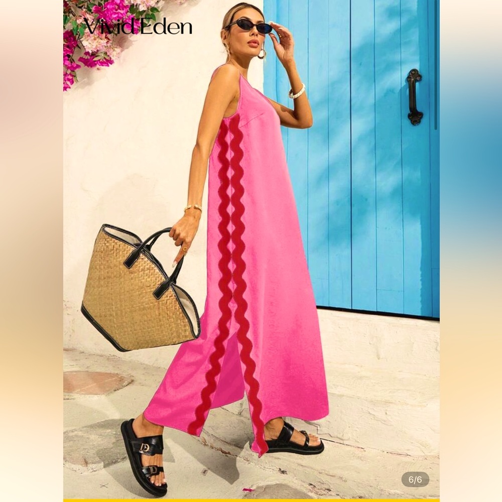 NWOT Pink Split Side Cami Maxi Dress with Red Ric Rac Size XL